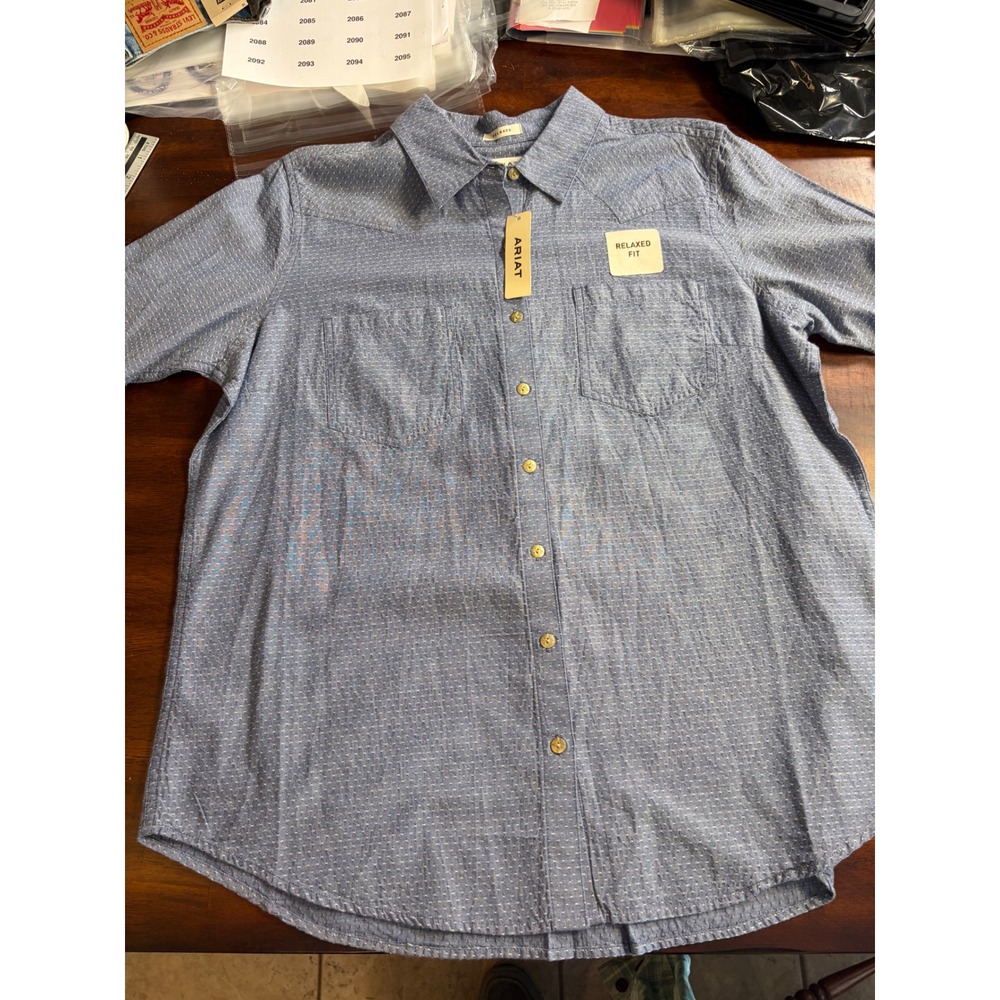 Ariat Billie Jean Short Sleeve Chambray Dobby Shirt Blue Relaxed Fit XL NEW